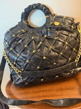 BIG Buddah Black Studded Woven Shoulder Bag with removable Gold Chain Accents